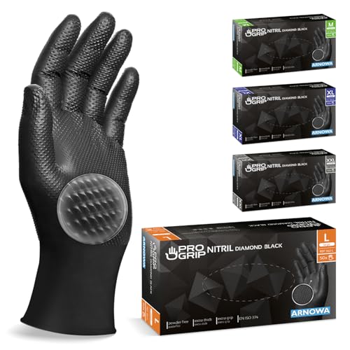 PROGRIP Einweghandschuhe Diamant Grip, Schwarz, Einmalhandschuhe Extra Stark, Nitrilhandschuhe Gr. L, 2x dicker, Handschuhe Einweg, Arbeitshandschuhe für Werkstatt & Montage, 100 Stück (2x50 Stk) von ARNOMED