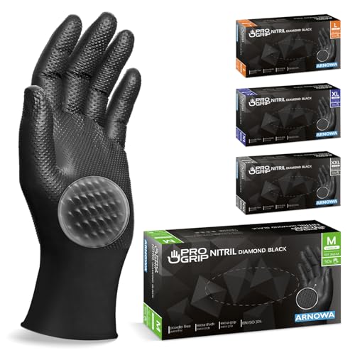 PROGRIP Einweghandschuhe Diamant Grip, Schwarz, Einmalhandschuhe Extra Stark, Nitrilhandschuhe Gr. M, 2x dicker, Handschuhe Einweg, Arbeitshandschuhe für Werkstatt & Montage, 200 Stück (4x50 Stk) von ARNOMED