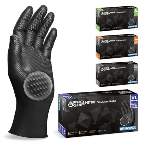 PROGRIP Einweghandschuhe Diamant Grip, Schwarz, Einmalhandschuhe Extra Stark, Nitrilhandschuhe Gr. XL, 2x dicker, Handschuhe Einweg, Arbeitshandschuhe für Werkstatt & Montage, 200 Stück (4x50 Stk) PROGRIP Einweghandschuhe Diamant Grip, Schwarz, Einmalhandschuhe Extra Stark, Nitrilhandschuhe Gr. XL, 2x dicker, Handschuhe Einweg, Arbeitshandschuhe für Werkstatt & Montage, 200 Stück (4x50 Stk) von ARNOMED