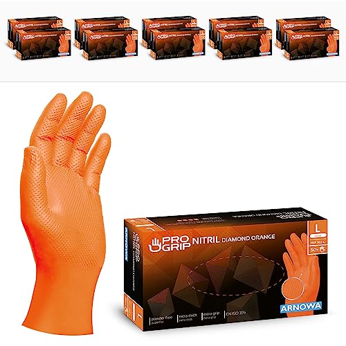 PROGRIP Einweghandschuhe Diamant Grip, Orange, Einmalhandschuhe Extra Stark, Nitrilhandschuhe Gr. L, 2x dicker, Handschuhe Einweg, Arbeitshandschuhe für Werkstatt & Montage, 500 Stück (10x50 Stk) von ARNOMED