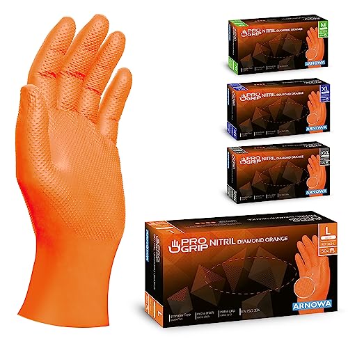 PROGRIP Einweghandschuhe Diamant Grip, Orange, Einmalhandschuhe Extra Stark, Nitrilhandschuhe Gr. L, 2x dicker, Handschuhe Einweg, Arbeitshandschuhe für Werkstatt & Montage, 50 Stk/Box von ARNOMED