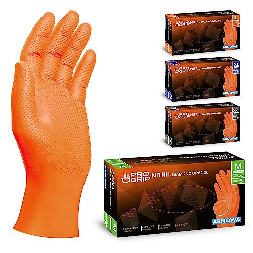 PROGRIP Einweghandschuhe Diamant Grip, Orange, Einmalhandschuhe Extra Stark, Nitrilhandschuhe Gr. M, 2x dicker, Handschuhe Einweg, Arbeitshandschuhe für Werkstatt & Montage, 50 Stk/Box von ARNOMED