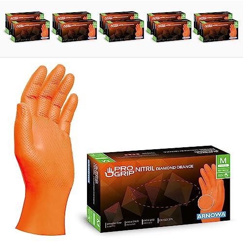 PROGRIP Einweghandschuhe Diamant Grip, Orange, Einmalhandschuhe Extra Stark, Nitrilhandschuhe Gr. M, 2x dicker, Handschuhe Einweg, Arbeitshandschuhe für Werkstatt & Montage, 500 Stück (10x50 Stk) von ARNOMED