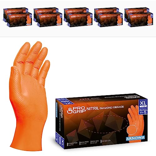 PROGRIP Einweghandschuhe Diamant Grip, Orange, Einmalhandschuhe Extra Stark, Nitrilhandschuhe Gr. XL, 2x dicker, Handschuhe Einweg, Arbeitshandschuhe für Werkstatt & Montage, 500 Stück (10x50 Stk) von ARNOMED