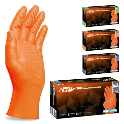 PROGRIP Einweghandschuhe Diamant Grip, Orange, Einmalhandschuhe Extra Stark, Nitrilhandschuhe Gr. XXL, 2x dicker, Handschuhe Einweg, Arbeitshandschuhe für Werkstatt & Montage, 50 Stk/Box von ARNOMED