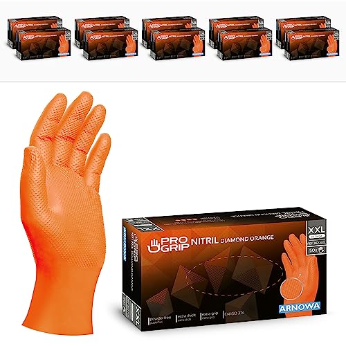 PROGRIP Einweghandschuhe Diamant Grip, Orange, Einmalhandschuhe Extra Stark, Nitrilhandschuhe Gr. XXL, 2x dicker, Handschuhe Einweg, Arbeitshandschuhe für Werkstatt & Montage, 500 Stück (10x50 Stk) von ARNOMED