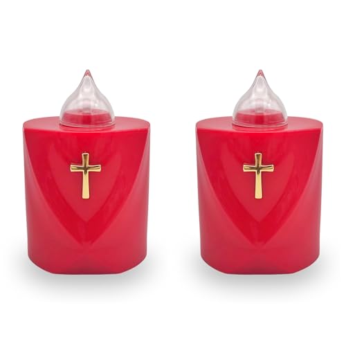 AROBA 2x LED Grabkerze Trauerlicht - Flackereffekt wie echte Kerze - lange Brenndauer bis 120 Tage - wiederverwendbar Friedhofskerze Gedenkkerze Dauerkerze - rot Heiliges Kreuz von AROBA
