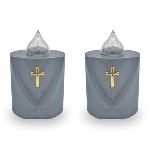 AROBA 2x LED Grabkerze Trauerlicht - Flackereffekt wie echte Kerze - lange Brenndauer bis 120 Tage - wiederverwendbar Friedhofskerze Gedenkkerze Dauerkerze - silber Heiliges Kreuz von AROBA