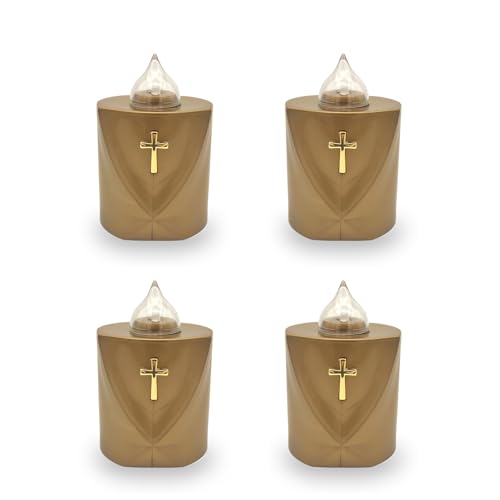 AROBA 4x LED Grabkerze Trauerlicht - Flackereffekt wie echte Kerze - lange Brenndauer bis 120 Tage - wiederverwendbar Friedhofskerze Gedenkkerze Dauerkerze - gold Heiliges Kreuz von AROBA
