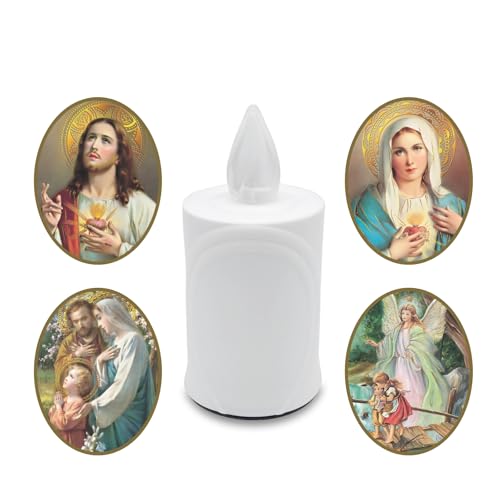 AROBA 4x LED Grabkerze Trauerlicht - Flackereffekt wie echte Kerze - lange Brenndauer bis 120 Tage - wiederverwendbar Friedhofskerze Gedenkkerze - weiß inkl. Auswahl an Heiligen von AROBA