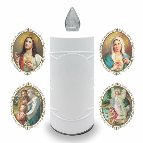 AROBA 4x LED Grabkerze Trauerlicht - Flackereffekt wie echte Kerze - lange Brenndauer bis 120 Tage - wiederverwendbar Friedhofskerze Gedenkkerze - weiß inkl. Auswahl an Heiligen von AROBA