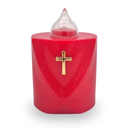 AROBA LED Grabkerze Trauerlicht - Flackereffekt wie echte Kerze - lange Brenndauer bis 120 Tage - wiederverwendbar Friedhofskerze Gedenkkerze Dauerkerze - rot Heiliges Kreuz von AROBA