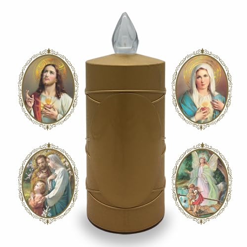 AROBA LED Grabkerze Trauerlicht - Flackereffekt wie echte Kerze - lange Brenndauer bis 120 Tage - wiederverwendbar Friedhofskerze Gedenkkerze - gold inkl. Auswahl an Heiligen von AROBA