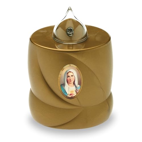 AROBA LED Grabkerze Trauerlicht - Flackereffekt wie echte Kerze - lange Brenndauer bis 200 Tage - wiederverwendbar Friedhofskerze Gedenkkerze Dauerkerze - gold Heilige Maria von AROBA