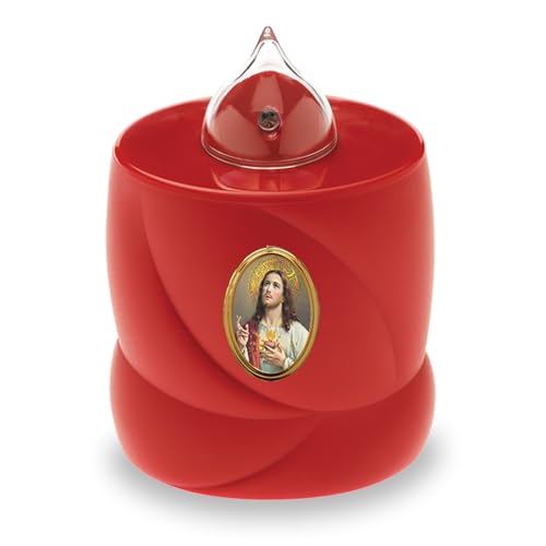 AROBA LED Grabkerze Trauerlicht - Flackereffekt wie echte Kerze - lange Brenndauer bis 200 Tage - wiederverwendbar Friedhofskerze Gedenkkerze Dauerkerze - rot Jesus von AROBA