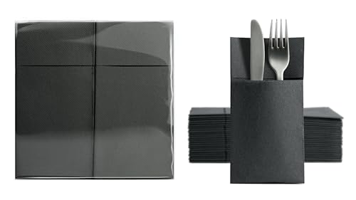Aroba 100 Soft Point Besteckservietten weiches Material, Volumen & Struktur | fertig gefaltete Servietten mit Schlitz | 39x38 cm 1/8 Falz Bestecktasche |gute Qualität Schwarz von AROBA
