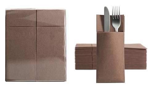 Aroba 50 Soft Point Besteckservietten weiches Material, Volumen & Struktur | fertig gefaltete Servietten mit Schlitz | 32x38 cm 1/8 Falz Bestecktasche |Gute Qualität Braun von AROBA