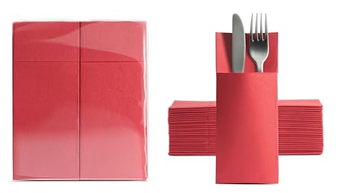 Aroba 50 Soft Point Besteckservietten weiches Material, Volumen & Struktur | fertig gefaltete Servietten mit Schlitz | 32x38 cm 1/8 Falz Bestecktasche |Gute Qualität Rot von AROBA