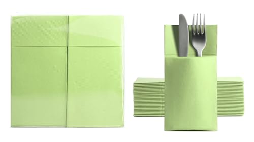 Aroba 50 Soft Point Besteckservietten weiches Material, Volumen & Struktur | fertig gefaltete Servietten mit Schlitz | 39x38 cm 1/8 Falz Bestecktasche |Gute Qualität Grün Kiwi von AROBA