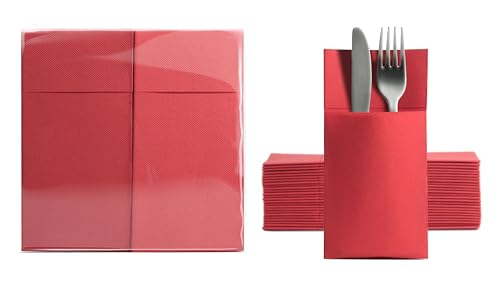 Aroba 50 Soft Point Besteckservietten weiches Material, Volumen & Struktur | fertig gefaltete Servietten mit Schlitz | 39x38 cm 1/8 Falz Bestecktasche |Gute Qualität Rot von AROBA