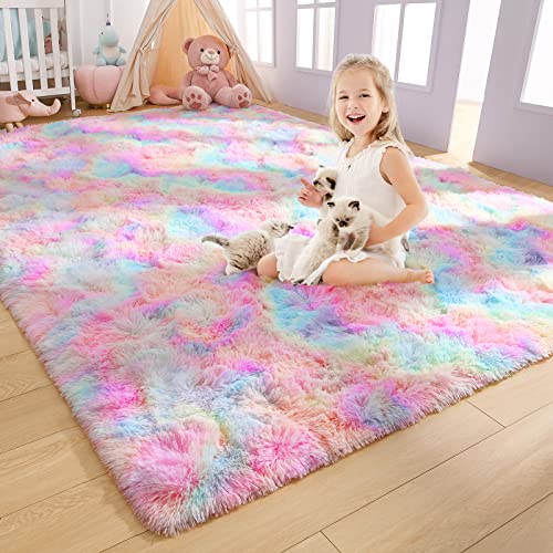 AROGAN Weiche Regenbogen-Teppiche für Mädchenzimmer, 10x15 cm, flauschige Mädchen-Schlafzimmerteppiche, Prinzessinnenteppich, niedlicher bunter Teppich für Kinder, Teenager, Kleinkind, Rosa von AROGAN