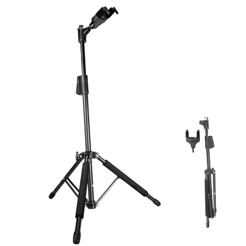 AROMA Universeller Tragbarer Gitarrenständer mit Auto Lock Hals-Halterung Gitarrenhalter höhenverstellbar mit rutschfester Polsterung und Dreibein Design von AROMA