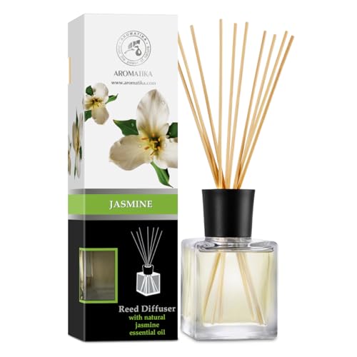 Raumduft Diffuser Jasmin 200ml - Natürlich Ätherischen Jasmin Öl - mit 10 Rattanstäbchen - Lufterfrischer & Raumerfrischer fur Zuhausem - Boutique - SPA - Aromatherapie von AROMATIKA trust the power of nature