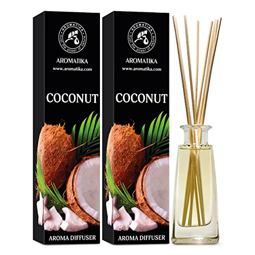Raumduft Diffuser Kokos 2х100ml - Raumduft Diffuser mit Stäbchen - Raumbeduftung - Exotischer Duft - Set fur Raum - Zuhause - Büro - Boutique - Aromatherapie - Reed Diffuser von AROMATIKA trust the power of nature