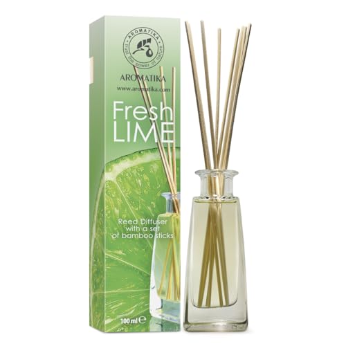 Raumduft Diffuser Limette 100ml - Geschenkset mit 10 Bambusstöcken - Bester Raumlufterfrischer - SPA - Heim - Büro - Fitnessclub - Raumduft-Set zum Aromatisieren - Reed Diffuser Lime von AROMATIKA trust the power of nature