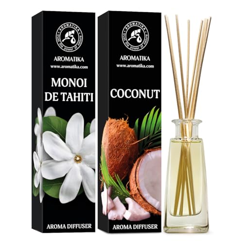 Raumduft Diffuser Monoi de Tahiti & Kokos 2х100ml - Raumduft Diffuser mit Stäbchen - Raumbeduftung - Exotischer Duft - Set fur Raum - Zuhause - Büro - Boutique - Aromatherapie - Reed Diffuser von AROMATIKA trust the power of nature
