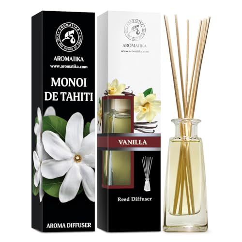 Raumduft Diffuser Monoi de Tahiti & Vanille 2х100ml - Raumduft Diffuser Set mit Stäbchen - Aromadiffusers - Tiare Blüten & Vanille Raumduft - Lufterfrischer - Duftdiffusor - Raumbeduftung - Zimmerduft von AROMATIKA trust the power of nature