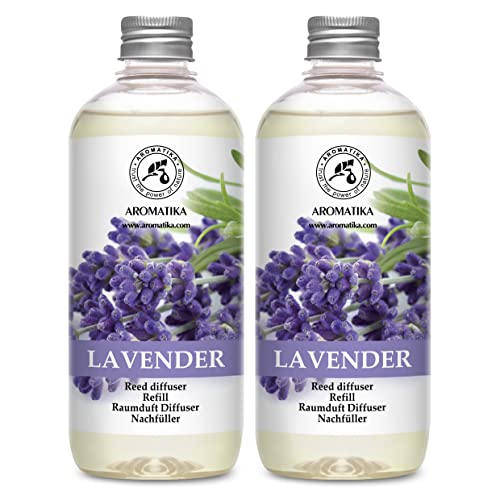 Raumduft Diffuser Nachfüller Lavendel mit Ätherischem Lavendelöl 1L - 2x500ml - Nachfüller Set für Duftdiffusor - Raumbeduftung - Zimmerduft - Diffuser Nachfüllen - Raumluft - Lavendelduft von AROMATIKA trust the power of nature