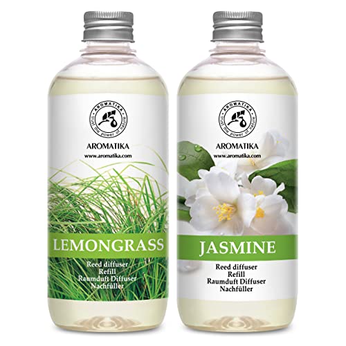Raumduft Diffuser Nachfüller Lemongrass & Jasmin 1L - 2x500ml - Nachfüller Set für Duftdiffusor - Reed Diffuser Refill - Raumbeduftung - Zimmerduft - Diffuser Nachfüllen - Raumluft Raumduft Diffuser Nachfüller Lemongrass & Jasmin 1L - 2x500ml - Nachfüller Set für Duftdiffusor - Reed Diffuser Refill - Raumbeduftung - Zimmerduft - Diffuser Nachfüllen - Raumluft von AROMATIKA trust the power of nature