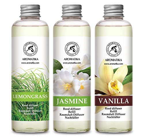 Raumduft Diffuser Nachfüller Lemongrass & Jasmin & Vanille 600ml - 3x200ml - Nachfüller Set für Duftdiffusor - Reed Diffuser Refill - Raumbeduftung - Zimmerduft - Diffuser Nachfüllen - Raumluft von AROMATIKA trust the power of nature