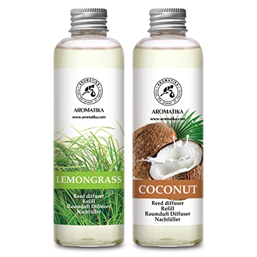 Raumduft Diffuser Nachfüller Lemongrass & Kokos 400ml - 2x200ml - Nachfüller Set für Duftdiffusor - Reed Diffuser Refill - Raumbeduftung - Zimmerduft - Diffuser Nachfüllen - Raumluft von AROMATIKA trust the power of nature