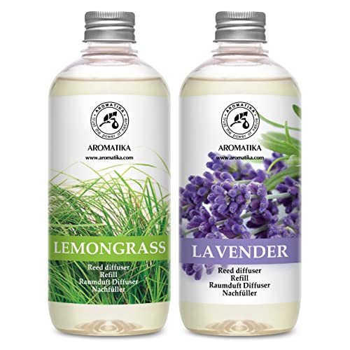 Raumduft Diffuser Nachfüller Lemongrass & Lavendel 1L - 2x500ml - Nachfüller Set für Duftdiffusor - Reed Diffuser Refill - Raumbeduftung - Zimmerduft - Diffuser Nachfüllen - Raumluft Raumduft Diffuser Nachfüller Lemongrass & Lavendel 1L - 2x500ml - Nachfüller Set für Duftdiffusor - Reed Diffuser Refill - Raumbeduftung - Zimmerduft - Diffuser Nachfüllen - Raumluft von AROMATIKA trust the power of nature