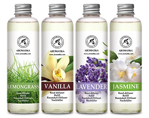 Raumduft Diffuser Nachfüller Lemongrass & Lavendel & Jasmin & Vanille - 4x200ml - Nachfüller Set für Duftdiffusor - Reed Diffuser Refill - Raumbeduftung - Zimmerduft - Diffuser Nachfüllen - Raumluft Raumduft Diffuser Nachfüller Lemongrass & Lavendel & Jasmin & Vanille - 4x200ml - Nachfüller Set für Duftdiffusor - Reed Diffuser Refill - Raumbeduftung - Zimmerduft - Diffuser Nachfüllen - Raumluft von AROMATIKA trust the power of nature