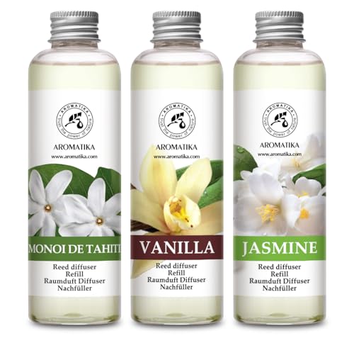 Raumduft Diffuser Nachfüller Monoi de Tahiti & Vanille & Jasmin 600ml - 3x200ml - Nachfüller Set für Duftdiffusor - Reed Diffuser Refill - Raumbeduftung - Zimmerduft - Diffuser Nachfüllen - Raumluft von AROMATIKA trust the power of nature