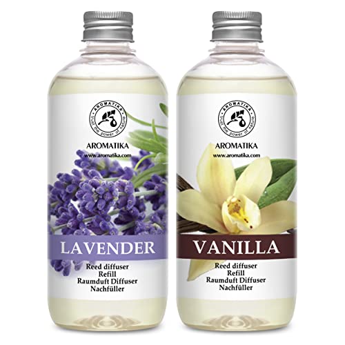 Raumduft Diffuser Nachfüller Vanille 500ml & Lavendel 500ml - 2x500ml - Nachfüller Set für Duftdiffusor - Raumbeduftung - Zimmerduft - Diffuser Nachfüllen - Raumluft - Vanilleduft von AROMATIKA trust the power of nature
