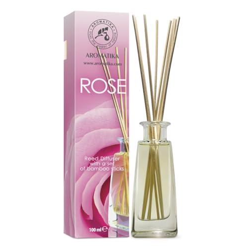 Raumduft Diffuser Rose 100ml - Geschenkset mit 10 Bambusstöcken - für SPA - Heim - Büro - Fitnessclub - Lufterfrischer - Raumduft-Set zum Aromatisieren - Bester Raumlufterfrischer von AROMATIKA trust the power of nature