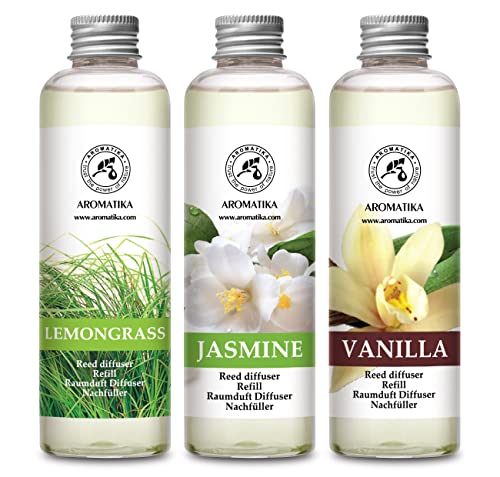Raumduft Nachfüllflasche Lemongrass & Vanille & Jasmin 3x200 ml - Raumerfrischer - Frischer und Langanhaltender Raumduft - Aroma Diffuser - Aromatherapie - Reed Diffuser Refill von AROMATIKA trust the power of nature
