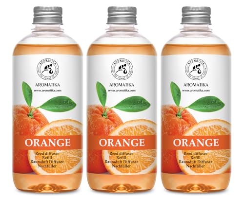 Raumduft Nachfüllflasche Set Orange 3х500ml - Raumduft mit Natürlich Ätherischen Orangenöl - Raumerfrischer - Nachfüller für Duftdiffusor - Zitrusduft - Raumbeduftung - Reed Diffuser Refill von AROMATIKA trust the power of nature