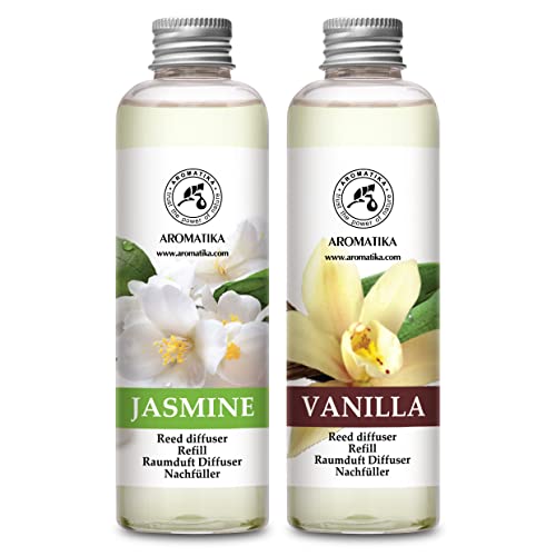 Raumduft Nachfüllflasche Vanille & Jasmin 2x200 ml - Raumerfrischer - Frischer und Langanhaltender Raumduft - Aroma Diffuser - Aromatherapie - Lufterfrischer für Raum - Reed Diffuser Refill von AROMATIKA trust the power of nature