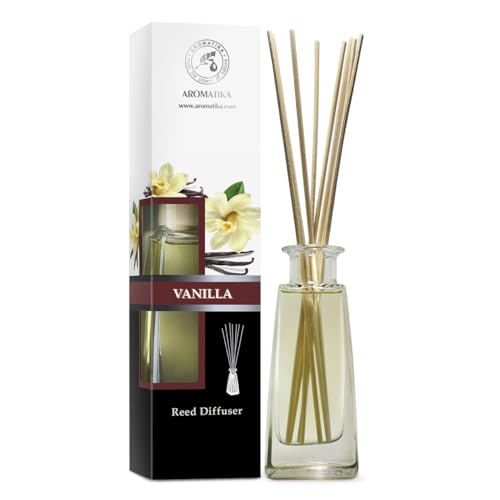 Raumduft Vanille 100ml - Raumduft Diffuser mit Natürlich Ätherischen Vanille Öl 100ml mit Rattanstäbchen - Bester Raumlufterfrischer fur Zuhausem - Büro - SPA - Aromatherapie von AROMATIKA trust the power of nature