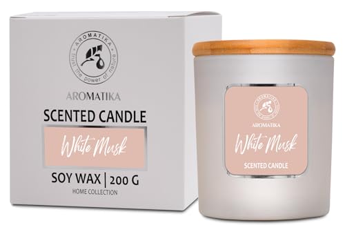 Scented Candle White Musk 200 g - Duftkerze Weißer Moschus 200g - Sojawachs Kerze - Aroma Kerze - Duftkerze für Hause - Wunderschöner Intensiver Duft - Aromatherapie - Idee für Geburtstag von AROMATIKA trust the power of nature