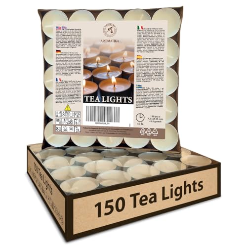 Teelichter Kerzen Set 150 Stück - Teelicht - Paraffinkerzen - Aluminium Hülle - Natürliches warmes Licht von AROMATIKA trust the power of nature