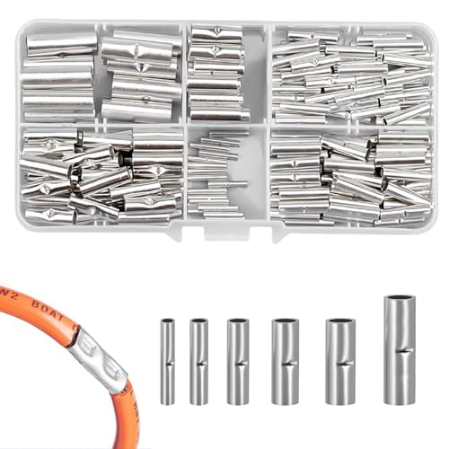 AROMUJOY 200 PCS Stoßverbinder Nicht Isoliert, Stossverbinder Unisoliert Set, Butt Connectors, Quetschverbinder BN0.75 /BN1.25 /BN2 /BN3.5 /BN5.5 / BN8 für Kabelverbinder DIY Elektrische Spleißen von AROMUJOY