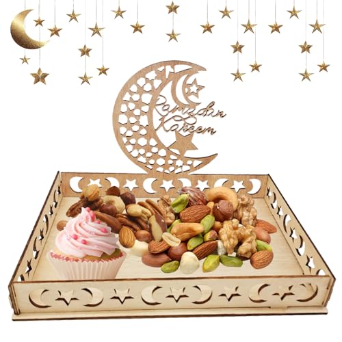 ARONRAVE Ramadan Tablett Holz Serviertablett, Ramadans Teller Eid Mubaraks Tablett Mond Servierbrett Mond und Stern Essen Dessert Tablett für Eid Tische Ramadans Tischdekoration von ARONRAVE