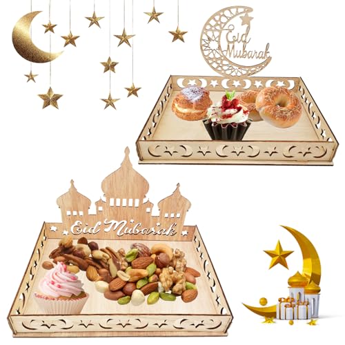 ARONRAVE Ramadan Teller Eid Mubarak Tablett, 2 Stück Ramadan Tablett Holz Ramadan Holz Tablett Mond Stern Serviertablett für Islam Party Eid Tische Ramadans Tischdekoration von ARONRAVE