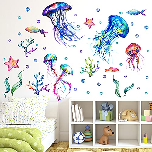 Ozean Qualle Wandtattoo, Unter dem Meer Fisch Qualle Wandaufkleber, Lebhaft Seetang Seestern Blasé Wandsticker, Abnehmbar DIY Wandbild für Kinder Kinderzimmer Schlafzimmer Badezimmer Wanddeko von AROOLY